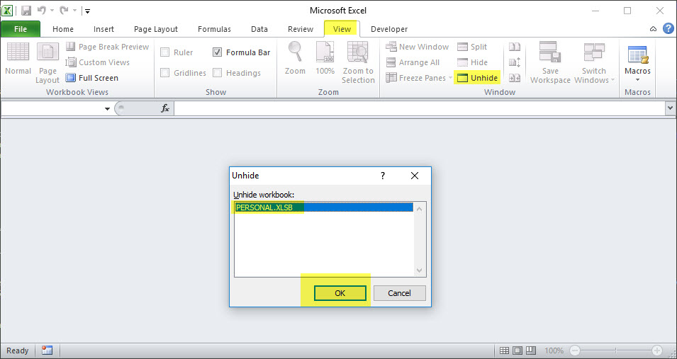 unhide personal macro workbook excel 2016